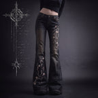 Calça Jeans Preta Flare com Bordado Floral Y2K