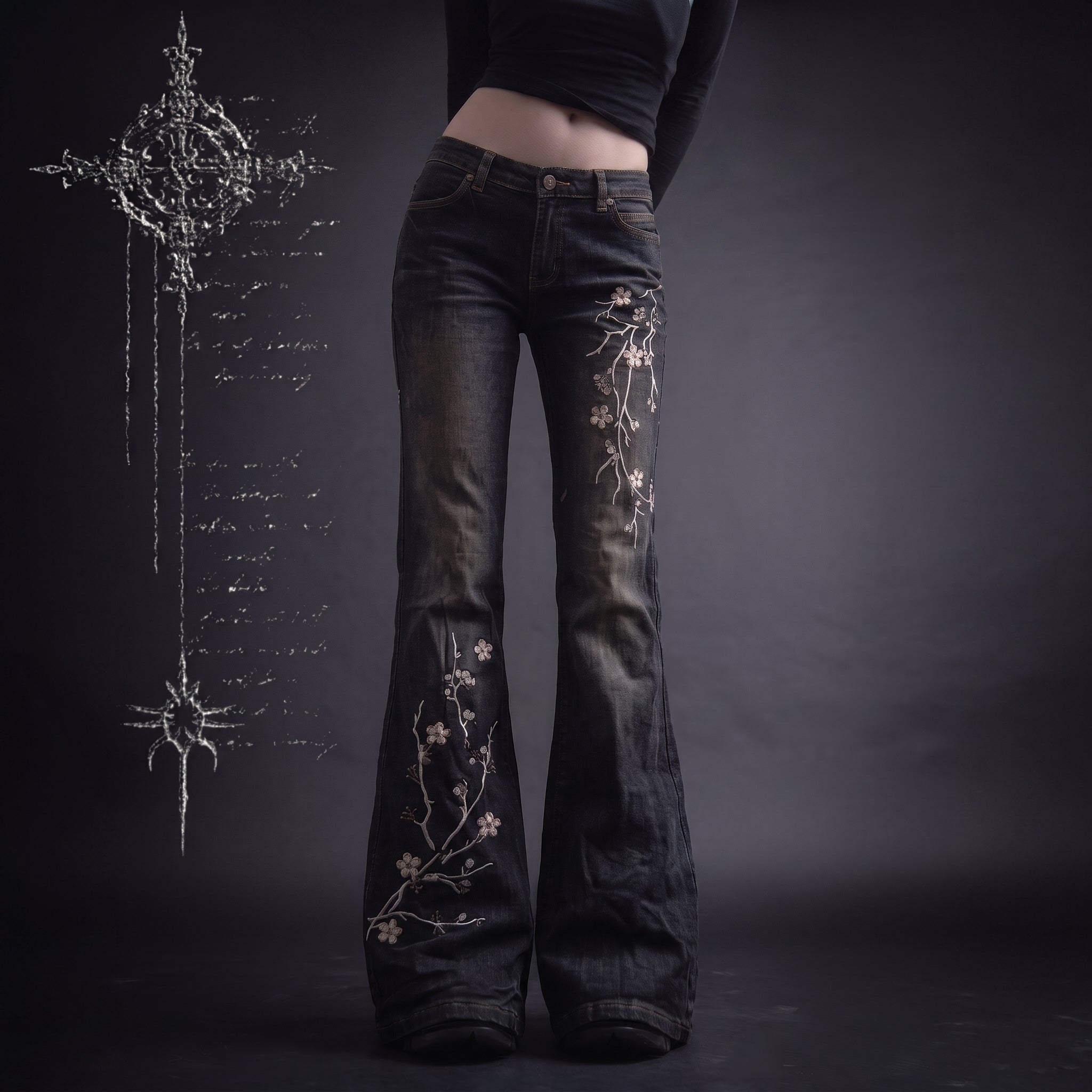 Calça Jeans Preta Flare com Bordado Floral Y2K