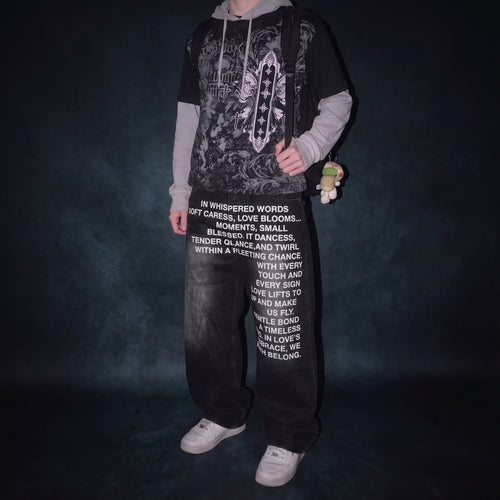Calça Jeans Baggy Wide Leg Y2K com Letreiros