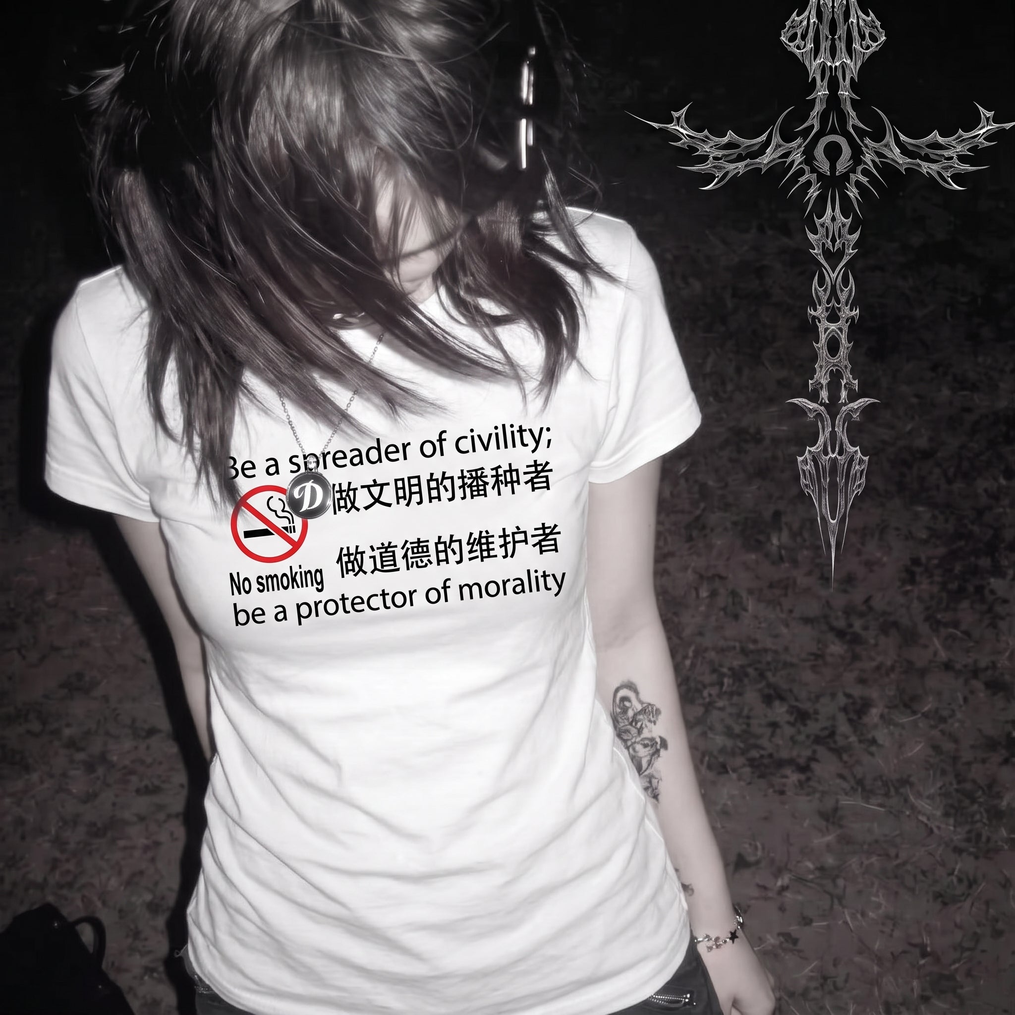 Camiseta Emo Punk Y2K Estampa Satírica "No Smoking"