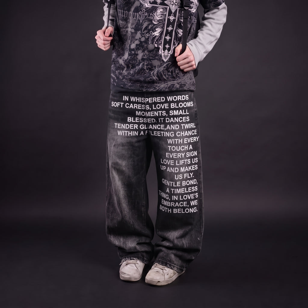 Calça Jeans Baggy Wide Leg Y2K com Letreiros