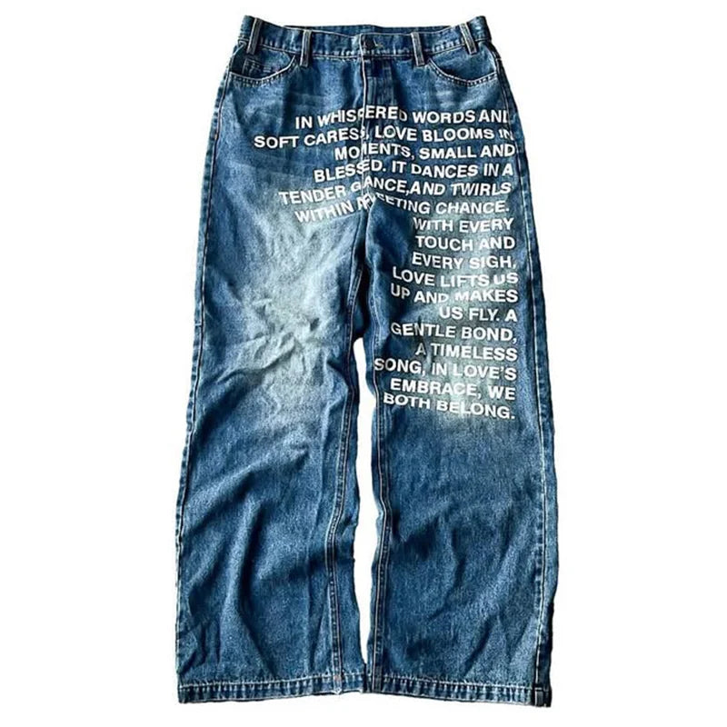 Calça Jeans Baggy Wide Leg Y2K com Letreiros