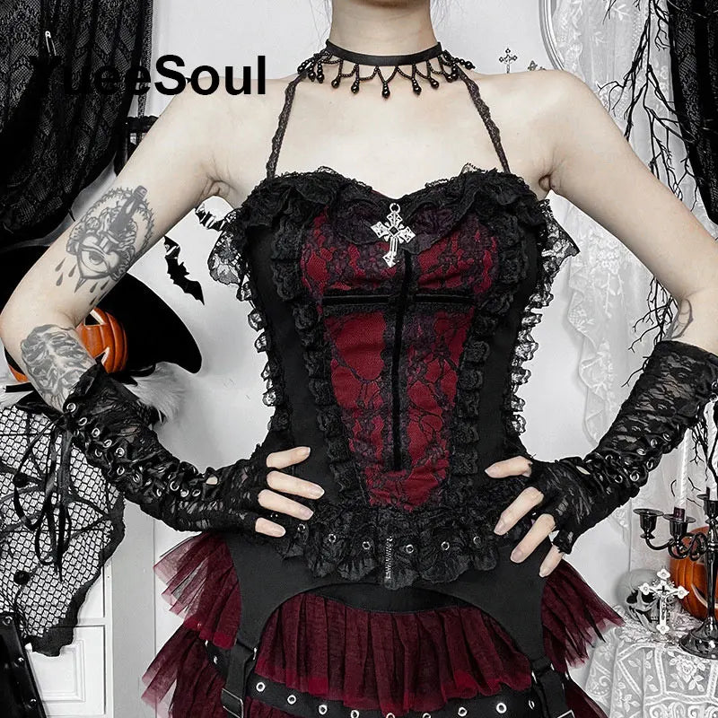 Cropped Gótico de Renda e Malha Y2K Fairycore