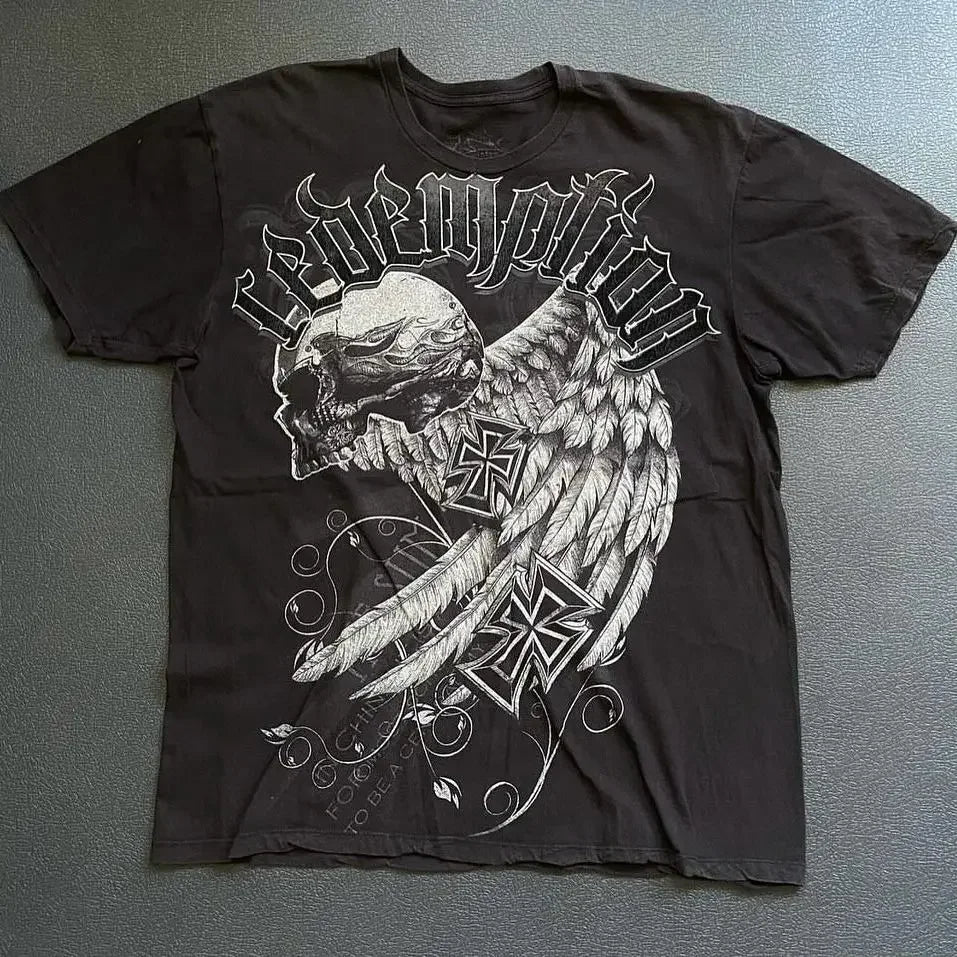 Camiseta Y2k Vintage Estampa Esqueleto Dual-Sleeve
