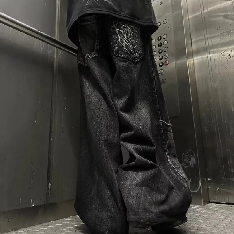 Calça Jeans Baggy Y2K com Patchwork Desgastado Teia de Aranha