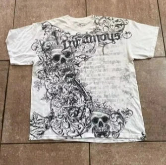 Camiseta Y2k Vintage Estampa Esqueleto Dual-Sleeve