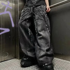 Calça Jeans Baggy Y2K com Patchwork Desgastado Teia de Aranha