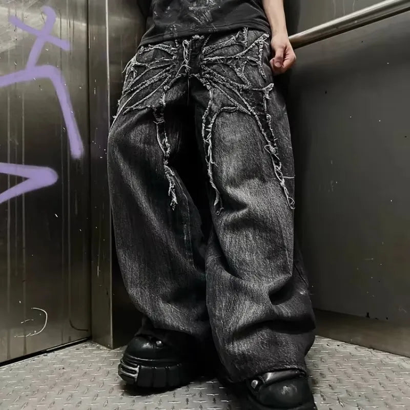 Calça Jeans Baggy Y2K com Patchwork Desgastado Teia de Aranha