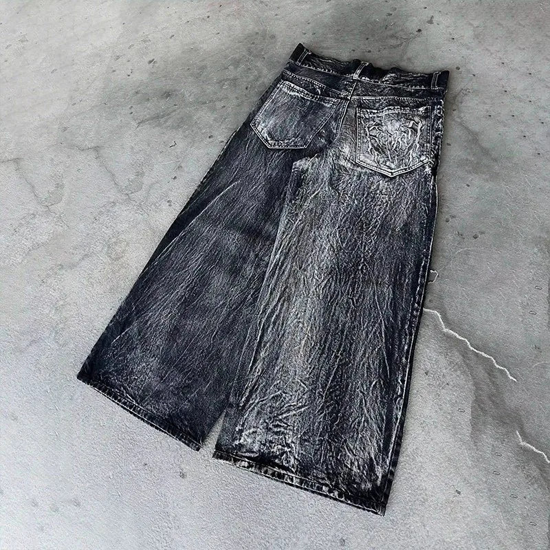 Calça Jeans Baggy Y2K com Patchwork Desgastado Teia de Aranha