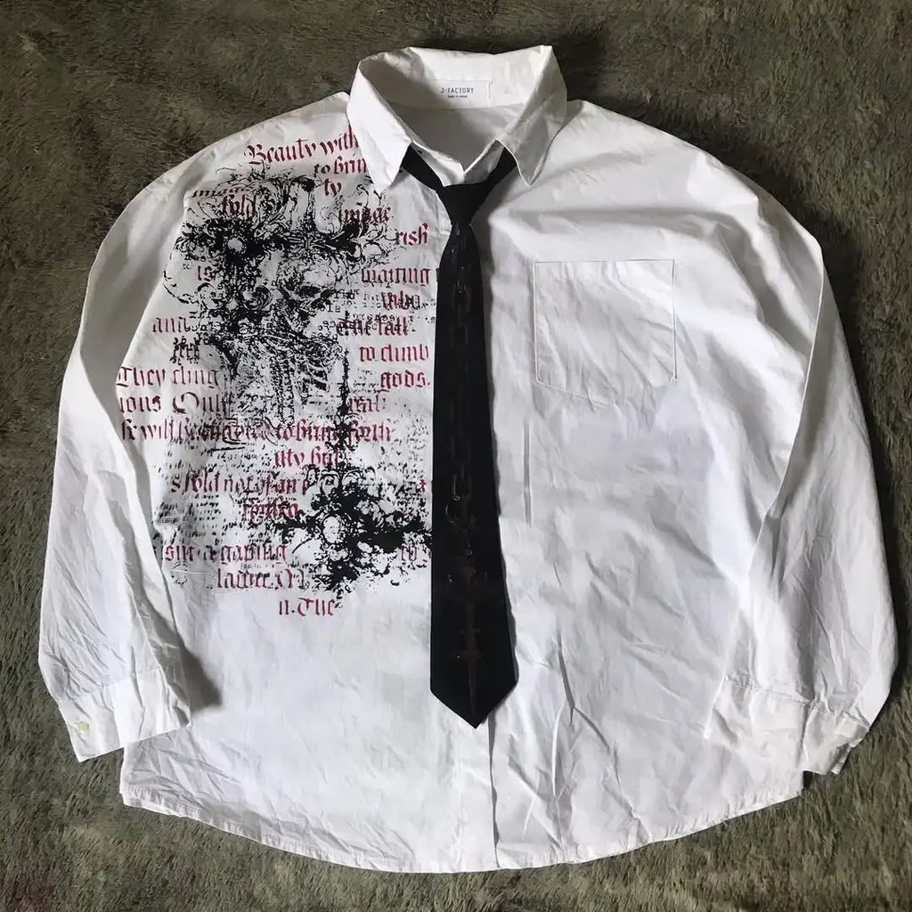Camisa de Botão Y2K Nu Metal com Gravata Dark e Lettering