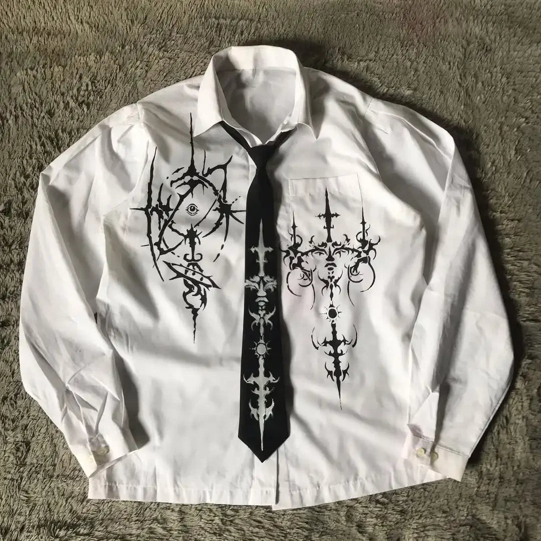 Camisa de Botão Y2K Nu Metal com Gravata Dark e Lettering