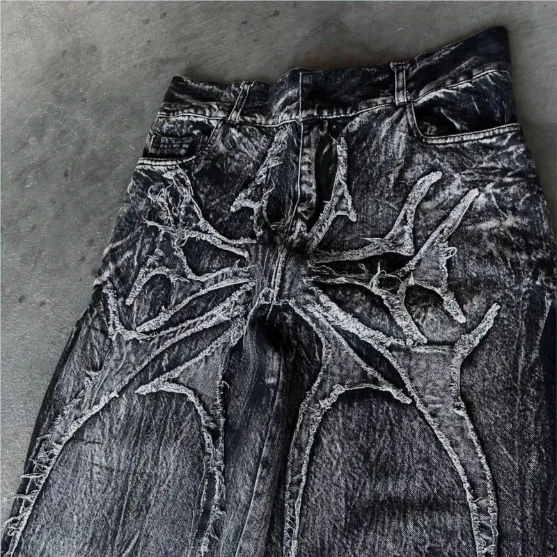 Calça Jeans Baggy Y2K com Patchwork Desgastado Teia de Aranha