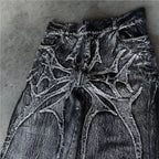 Calça Jeans Baggy Y2K com Patchwork Desgastado Teia de Aranha
