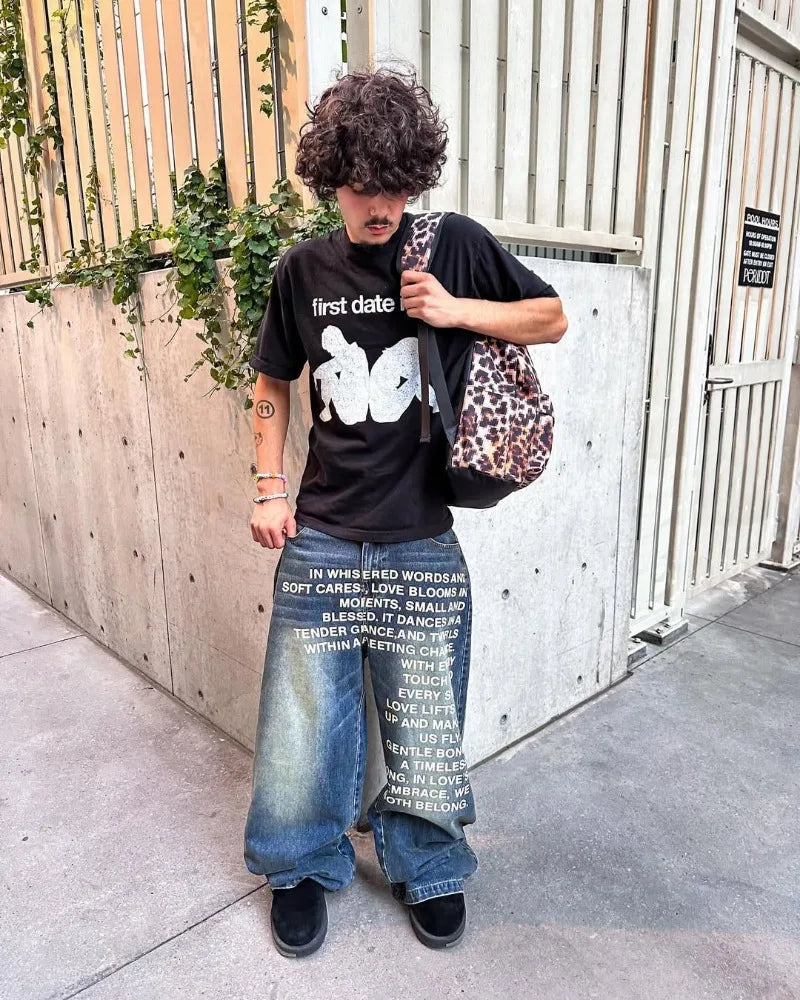 Calça Jeans Baggy Wide Leg Y2K com Letreiros