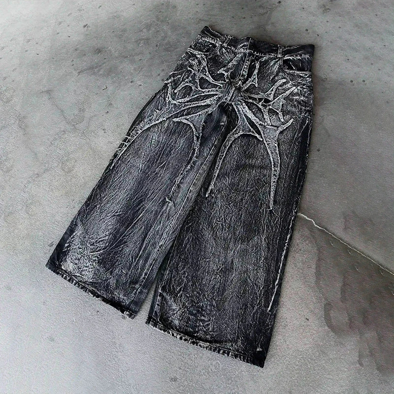 Calça Jeans Baggy Y2K com Patchwork Desgastado Teia de Aranha