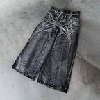 Calça Jeans Baggy Y2K com Patchwork Desgastado Teia de Aranha
