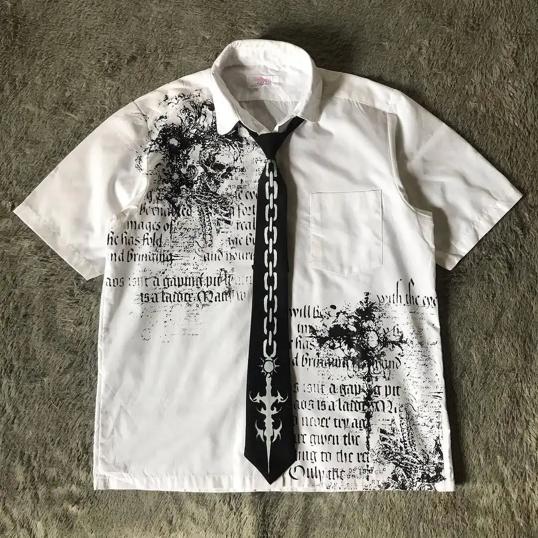 Camisa de Botão Y2K Nu Metal com Gravata Dark e Lettering
