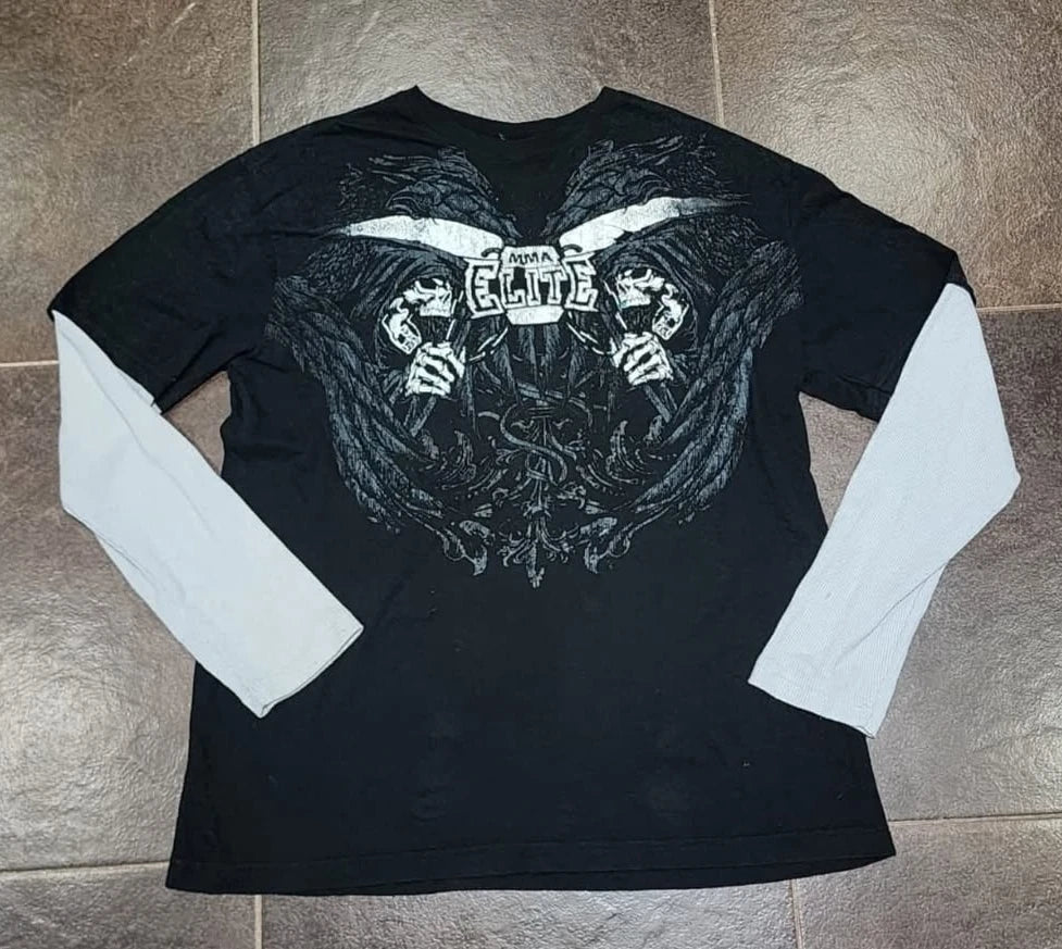Camiseta Y2k Vintage Estampa Esqueleto Dual-Sleeve