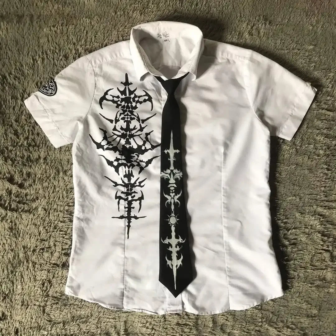 Camisa de Botão Y2K Nu Metal com Gravata Dark e Lettering