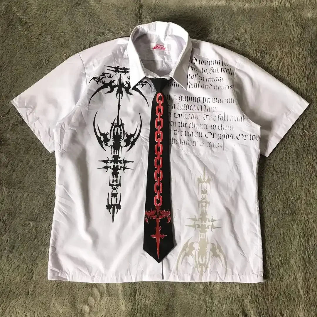 Camisa de Botão Y2K Nu Metal com Gravata Dark e Lettering
