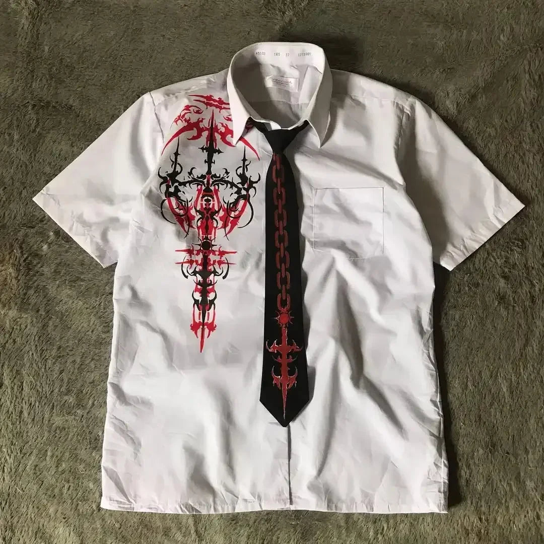 Camisa de Botão Y2K Nu Metal com Gravata Dark e Lettering