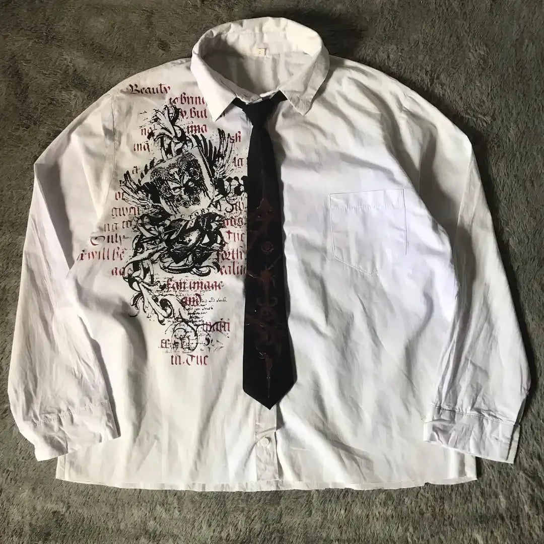 Camisa de Botão Y2K Nu Metal com Gravata Dark e Lettering