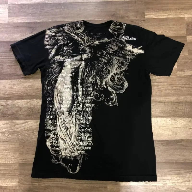 Camiseta Y2k Vintage Estampa Esqueleto Dual-Sleeve