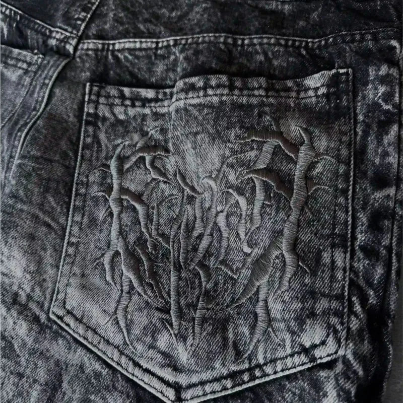 Calça Jeans Baggy Y2K com Patchwork Desgastado Teia de Aranha