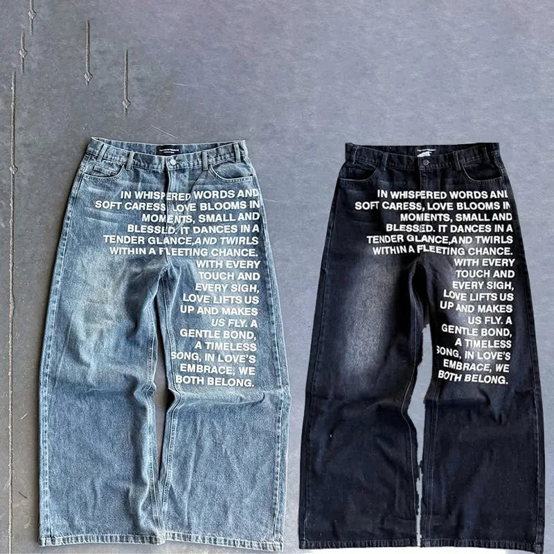 Calça Jeans Baggy Wide Leg Y2K com Letreiros