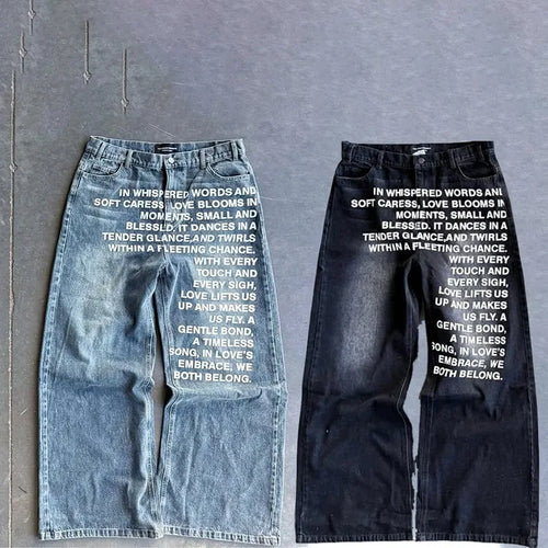 Calça Jeans Baggy Wide Leg Y2K com Letreiros