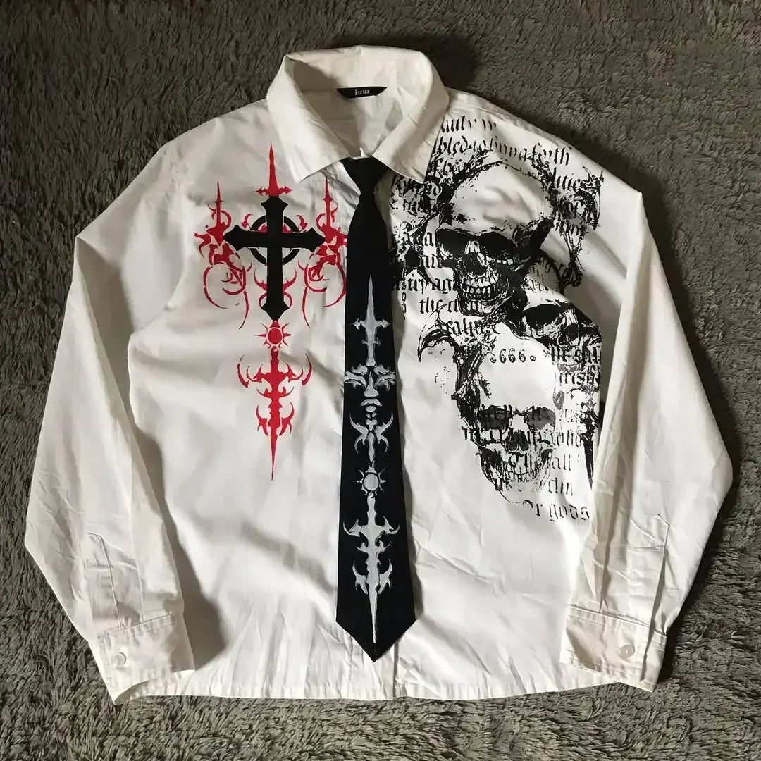 Camisa de Botão Y2K Nu Metal com Gravata Dark e Lettering