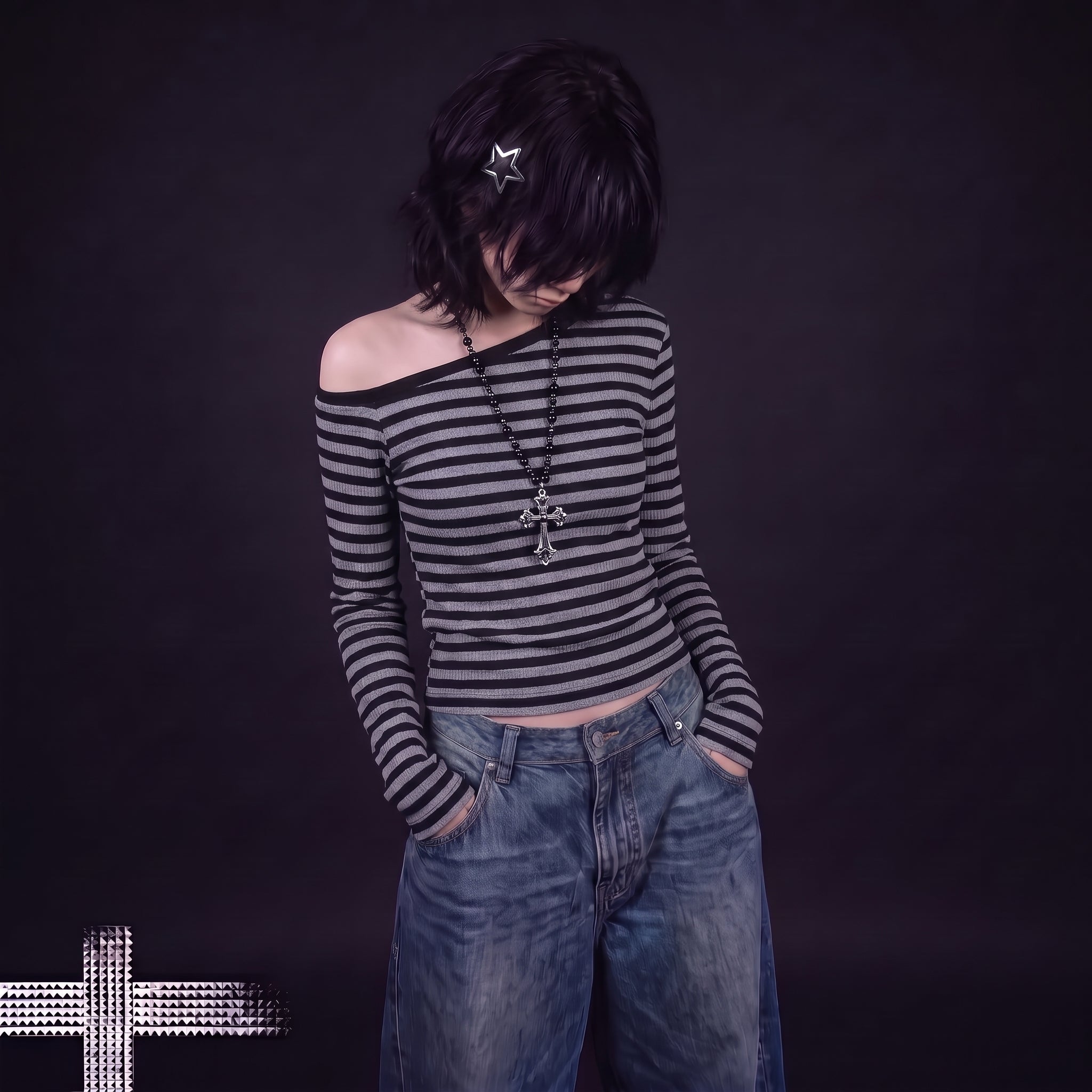 Blusa Listrada Ombro a Ombro Manga Longa