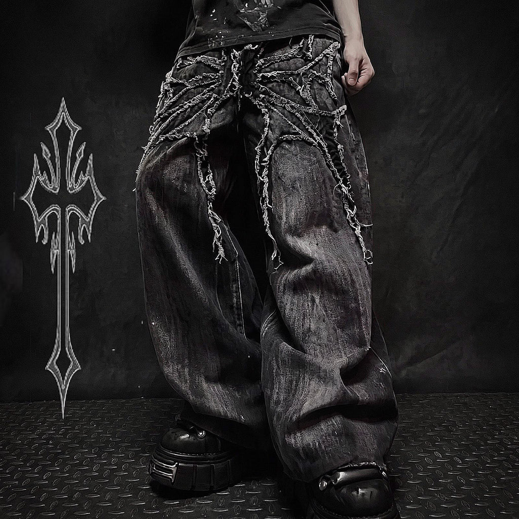 Calça Jeans Baggy Y2K com Patchwork Desgastado Teia de Aranha