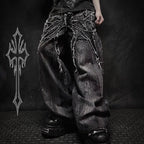 Calça Jeans Baggy Y2K com Patchwork Desgastado Teia de Aranha