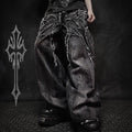 Calça Jeans Baggy Y2K com Patchwork Desgastado Teia de Aranha