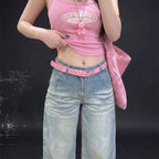 Cinto Y2K Rosa com Strass Estilo Coreano