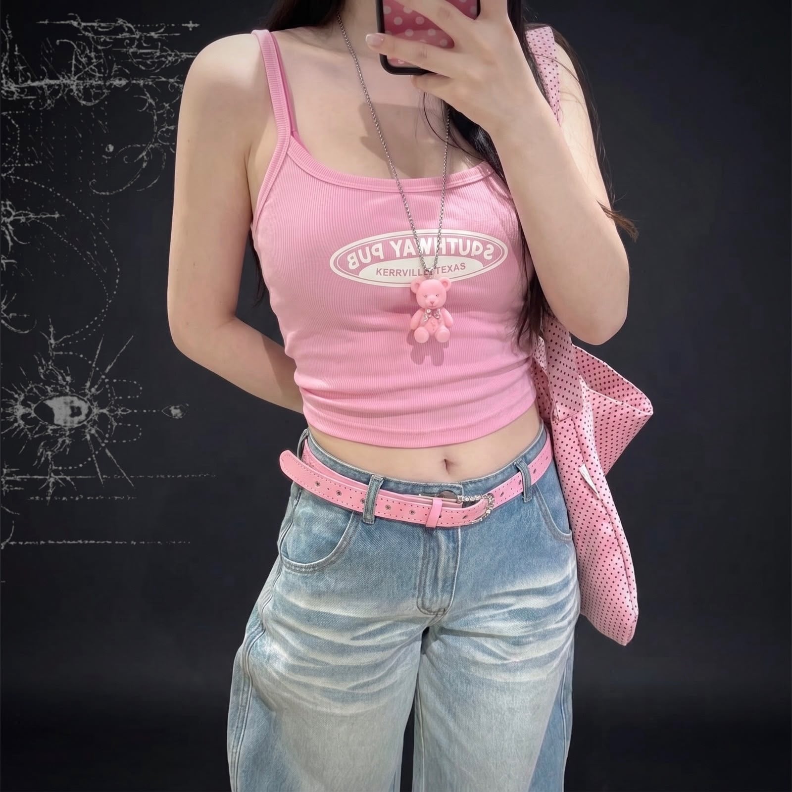 Cinto Y2K Rosa com Strass Estilo Coreano