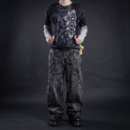 Calça Jeans Baggy Y2K com Patchwork Desgastado Teia de Aranha