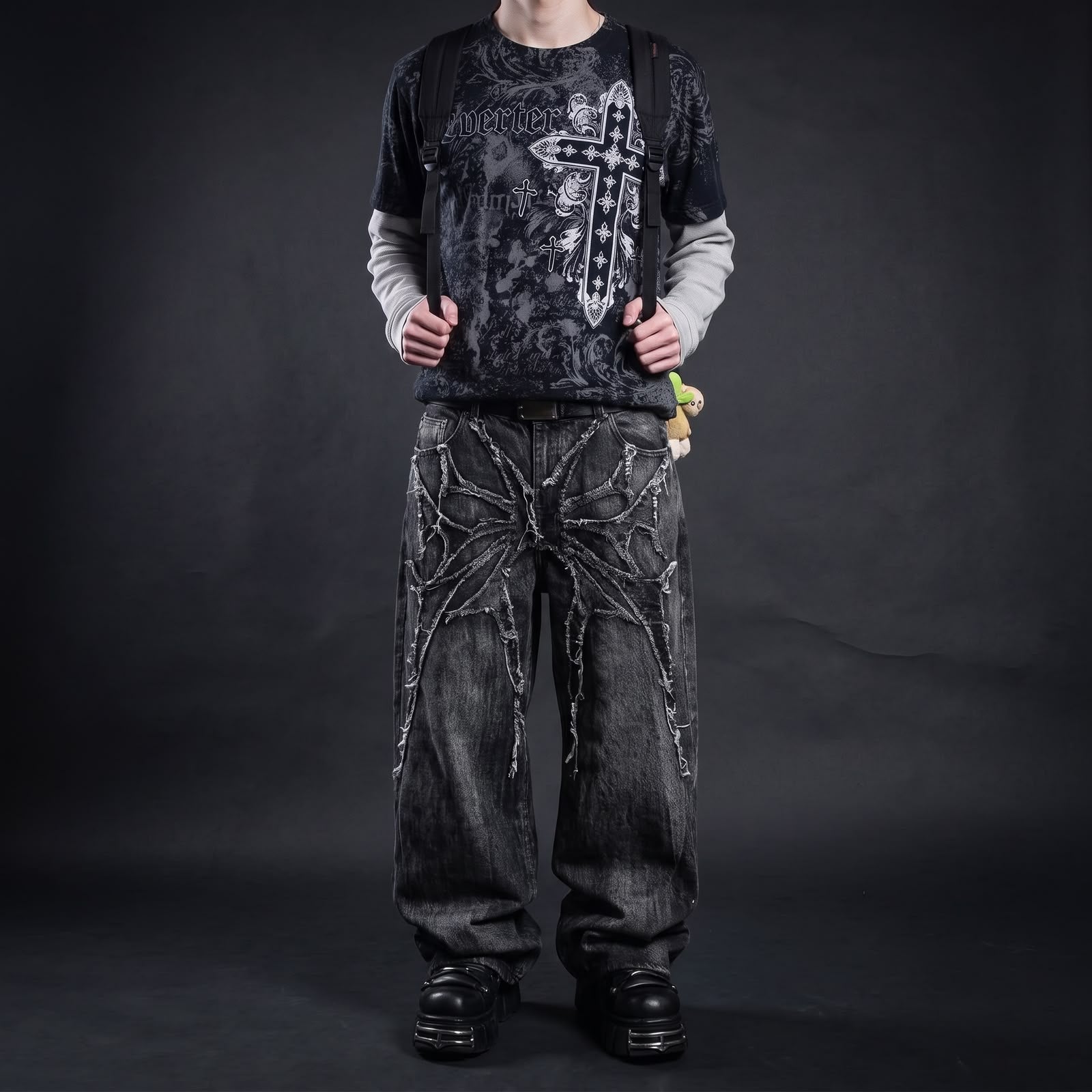 Calça Jeans Baggy Y2K com Patchwork Desgastado Teia de Aranha
