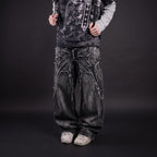 Calça Jeans Baggy Y2K com Patchwork Desgastado Teia de Aranha