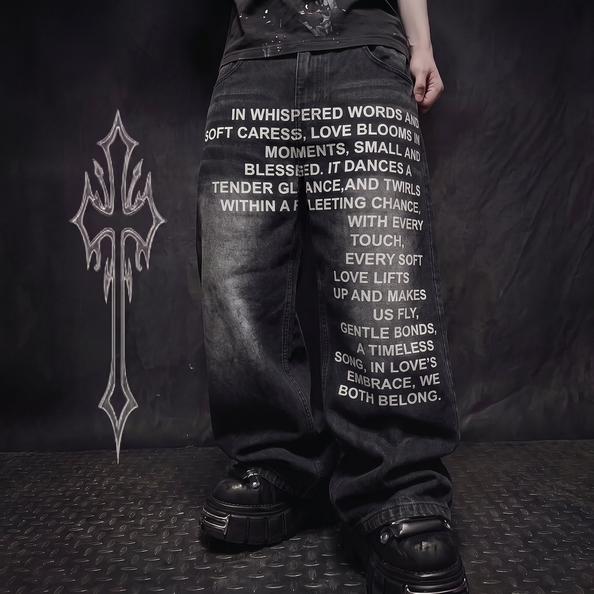 Calça Jeans Baggy Wide Leg Y2K com Letreiros